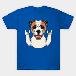 American Bulldog dog. Horns, Rock gesture. Dog portrait. American bulldog portrait T-Shirt